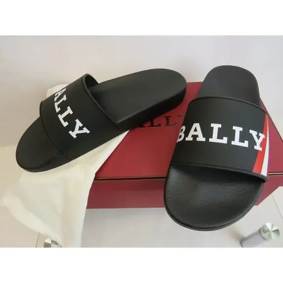 NIB BALLY SIMON BLACK RUBBER RED WHITE WEB LOGO SANDALS POOL SLIDES 10 D ITALY